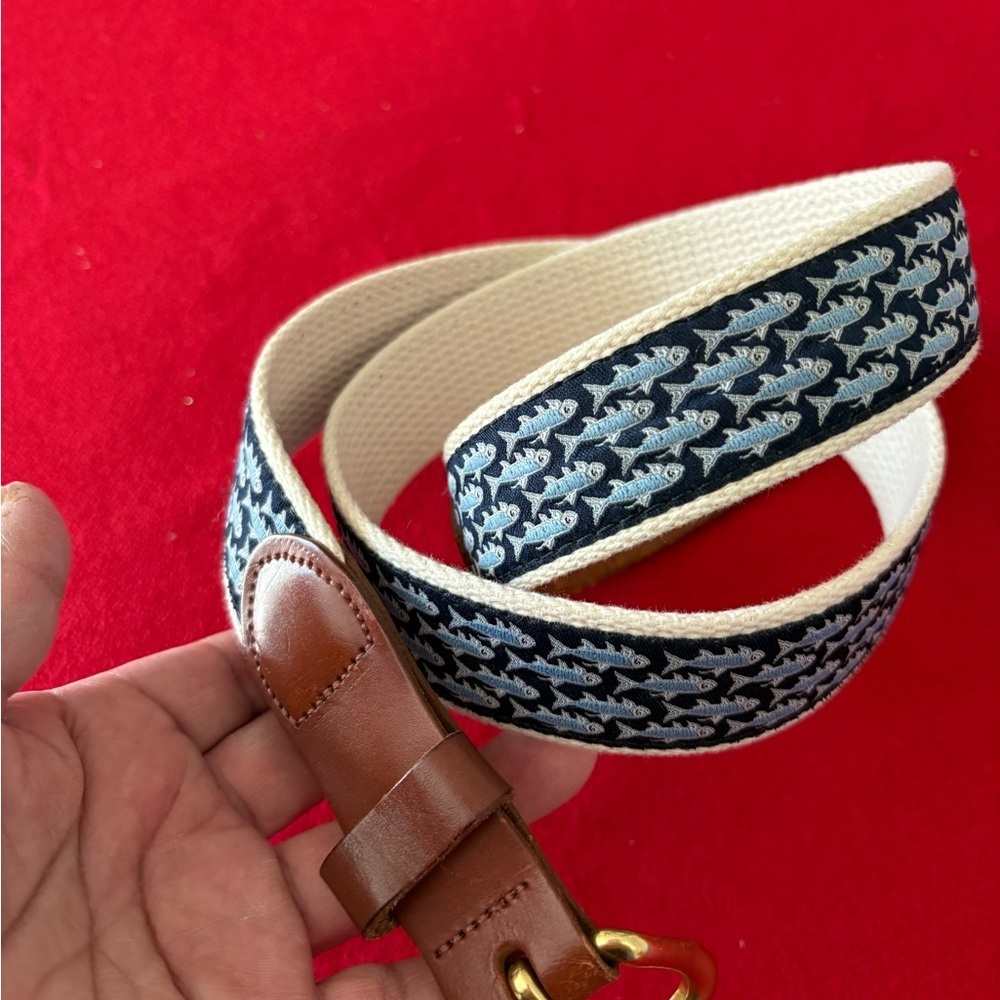 EUC Blue Fish On Navy Leather & Ivory
Canvas Belt . Leather Man USA - Picture 2 of 11